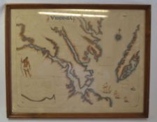 An unusual framed and glazed map of Virginia, America to include Chesapeake Bay, Jamestown 1607