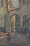 A 19th century oil on canvas painting of a Greek townscape courtyard scene with figure to