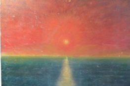 A retro 1970`s oil on board painting of a sunset at sea being unsigned and mounted to wooden panel