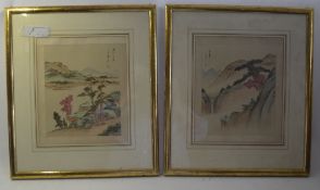 A pair of 20th century Chinese prints on silk, both of mountain scenes being framed and glazed with