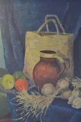 A retro 20th century oil on panel still life painting of fruits, bowl and bag being set within a