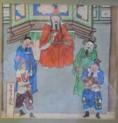 An early 20th century Chinese watercolour painting being framed and glazed ( af ) of a court scene.