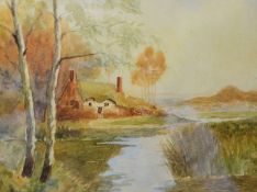 A 20th century framed and glazed English School watercolour of a cottage and river scene, unsigned.