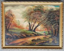 W Martuzzi. Oil on canvas painting in gilt frame of a Gothic woodland path scene with figures to