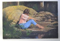 A retro 1970`s oil on canvas painting of a seated girl by river. Unframed. 50.5x 76cms