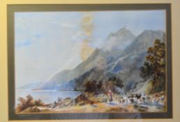 A continental watercolour landscape painting with figures to the foreground and mountains to the