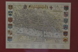 A mid 20th century antique style framed vintage map of London complete with coat of arms borders of