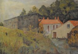 J. Sadleir. A framed oil on canvas painting of French farm buildings at St Hilaire, Vendee 1968.