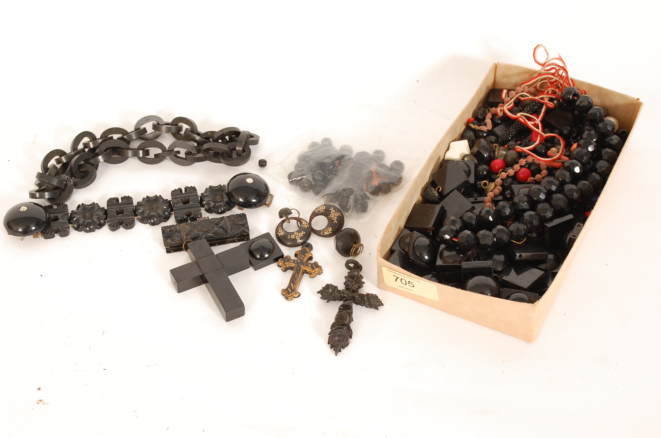 A collection of vintage black mourning crucifix's along with black beads, chains, bangle etc ( see