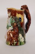 A 19th century Samuel Alcock Majolica jug with hound handle and maiden to the body having egg blue