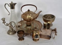 A quantity of silver plate items to include glass decanter with silver plate top, tongs, drinking