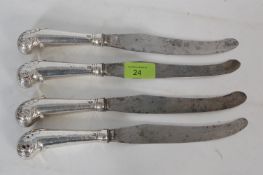 Four 18th century hallmarked sterling silver George III circa 1765 pistol grip knives, with makers