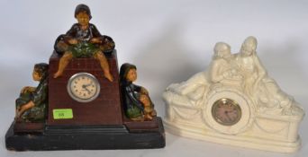 Two vintage plaster mantel clock, one depicting lovers, the other children.