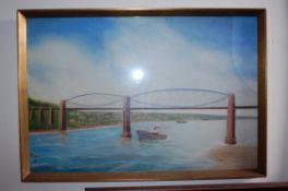 An oil on board painting of the Royal bridge Saltash Cornwall. Framed and glazed shipping scene by