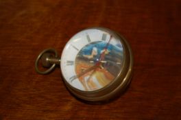 An unusual brass and fish eye globe pocket watch. The fish eye lens with working movement and