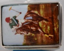 A white silver metal (925) and enamel snuff box with polo scene.