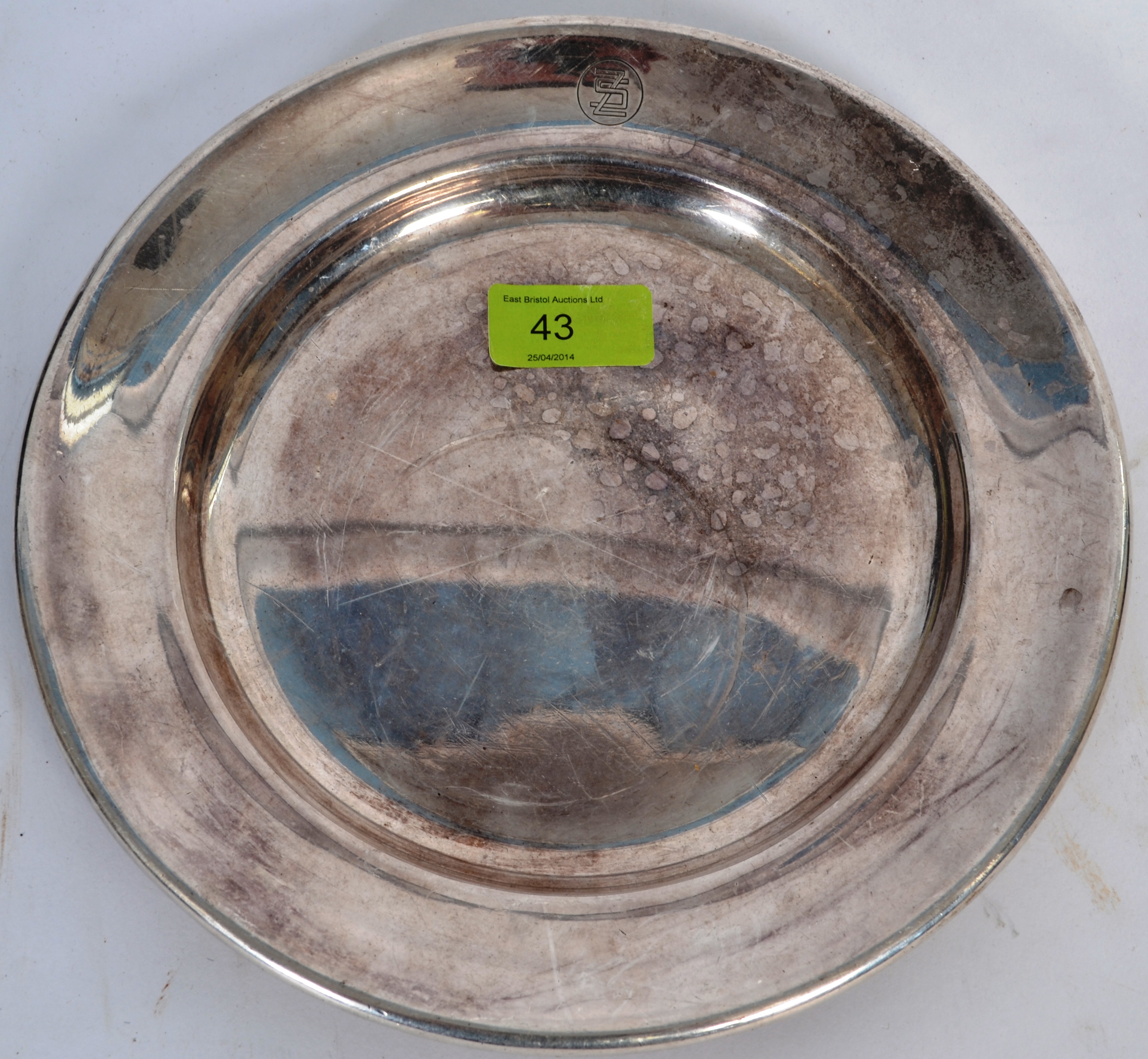 A 20th century silver plate shipping line serving dish / plate bearing chase decorated monogram to