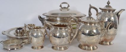 A collection of silver plate to include a Phillip Ashberry & Sons Britannia metal tae service,