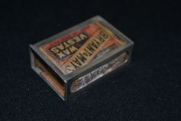 Sterling silver match safe vesta with original matchbox by Bryant and Mays Wax Vestas. Hallmarked