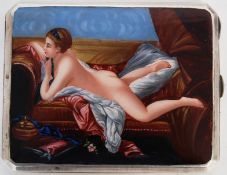 An Austrian silver plate enamelled cigarette case, the front with a picture of a young girl naked