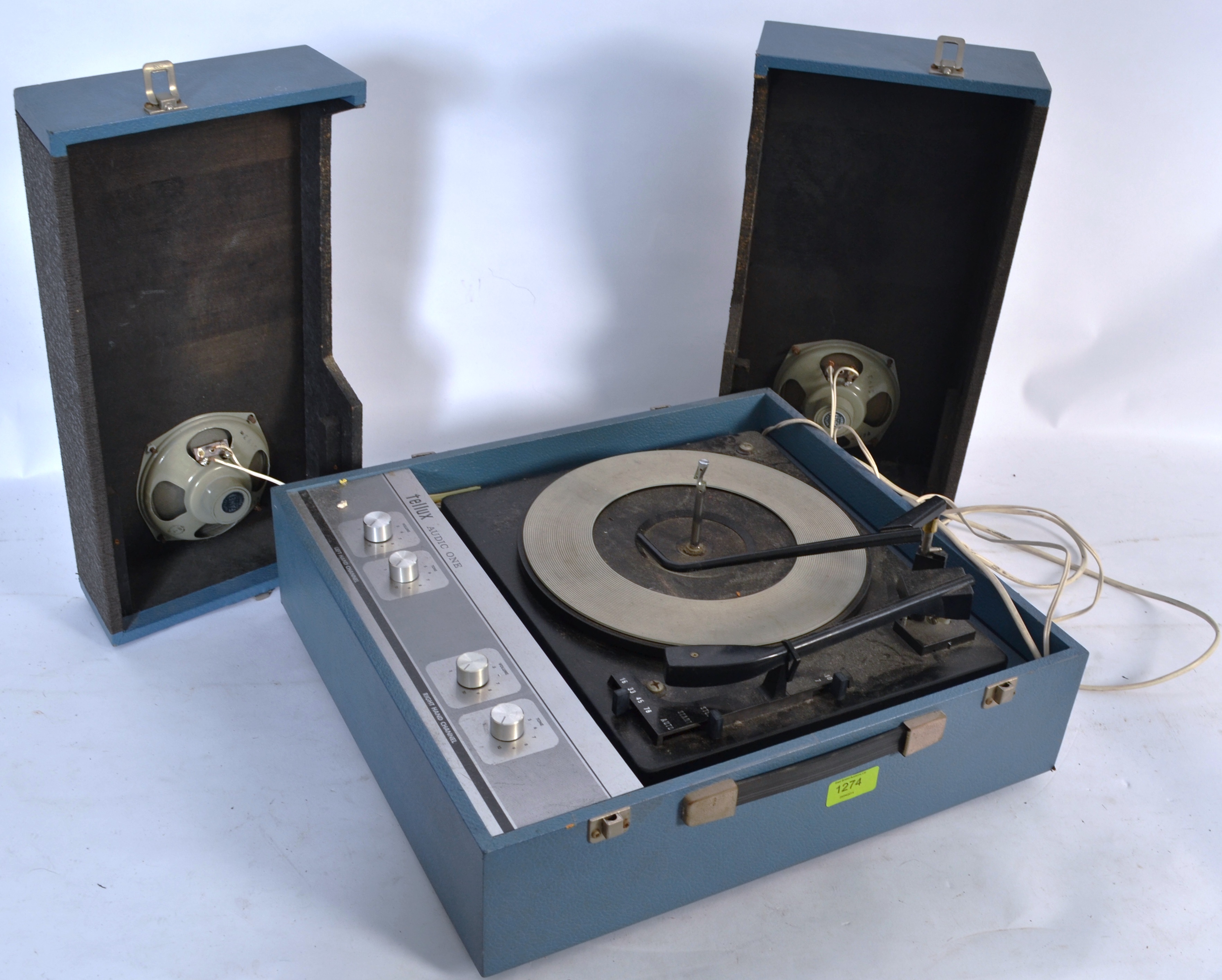 A retro 1960's portable record player by Telux with detachable speakers.