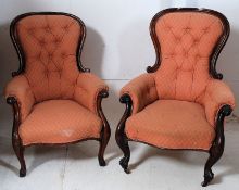 A good pair of early Victorian mahogany spoon back ladies and gentleman`s club / library armchairs.