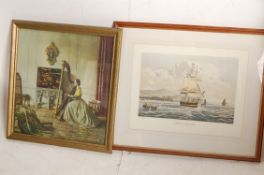 A framed and glazed maritime print of a tall ship together with a print of a classical interior