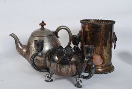Three pieces of silver plate to include tea-pot, candlestick, wine cooler.