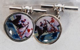 A pair of 20th century white silver metal (Stamped 925) cufflinks, with inset enamel of a horse