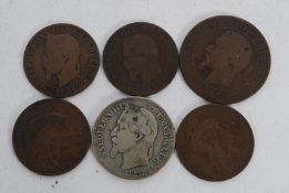 World Coins. 1867 2 Franc coin together with 19th century five cent coins x 4 and one 1853 coin