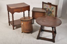 A 1930`s barley twist oak occasional table together with a fire screen, circular occasional table,