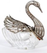 A Victorian silver plate swan cut glass trinket dish having articulated wings