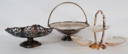 A collection of silver plate items to include a metamorphic folding oyster stand and two dishes.