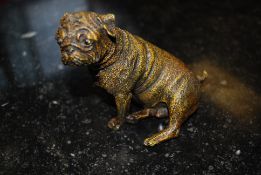 A brass model of a pug dog, with lozenge to side reading 'Geschutzt'
