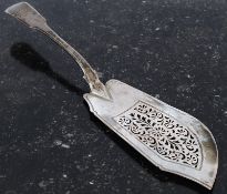 A George III sterling silver fiddle pattern fish slice with pierced detail to blade and engraved
