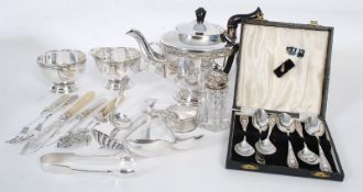 A Viners silver plate tea service along with a cased set of silver plate tea spoons, etc.