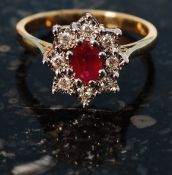 9ct yellow gold diamond and ruby cluster ring size O