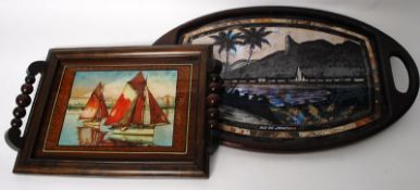 Two vintage wooden decorative trays, one made with butterfly wing detail to panel within the tray