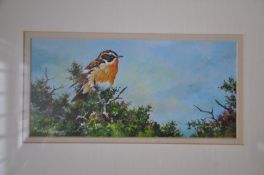 Two original paintings of birds Winchat and Great Tit being mounted framed and glazed. By Martin