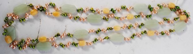 Long pearl and hardstone necklace