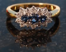 18ct yellow gold diamond and sapphire cluster ring size O