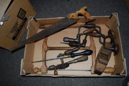 A quantity of vintage woodworking tools along with a railway lamp