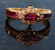 18ct yellow gold ruby diamond and saphire ring size k + half