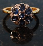 18ct yellow gold diamond and saphire cluster ring size N + half
