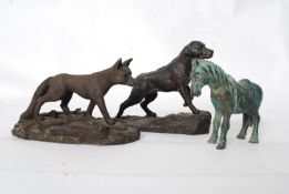 A decorative group of cold cast bronze animals to include a fox along with a labrador dog, horse