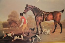 A framed and glazed large period hunting scene. Hounds and horse with master.  (see illustration )