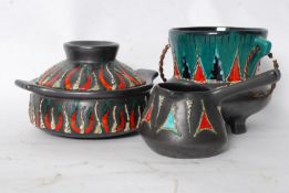 An Italian Fat Lava style ceramic pot, cauldron and bowl. Decorative lustre glazed finish, stamped