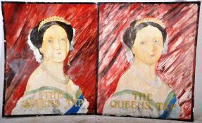 Two vintage tin / enamel painted pub advertising signs for `The Queens Tap` depicting Queen