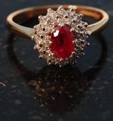 9ct yellow gold diamond and ruby cluster ring size M + half