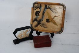 A vintage 20th century Japanese snuff box together with a matching tray and a Japanese framed  and